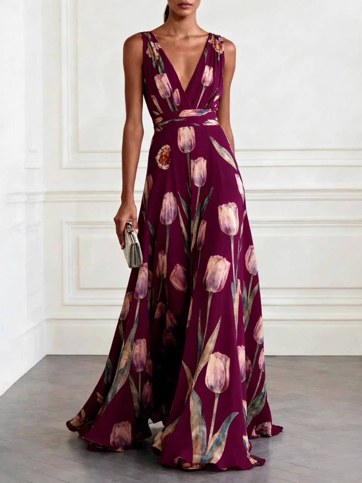 Tulip Print V-Neck Sleeveless Maxi Dress – Floral Chiffon - Courbe et Compagnie