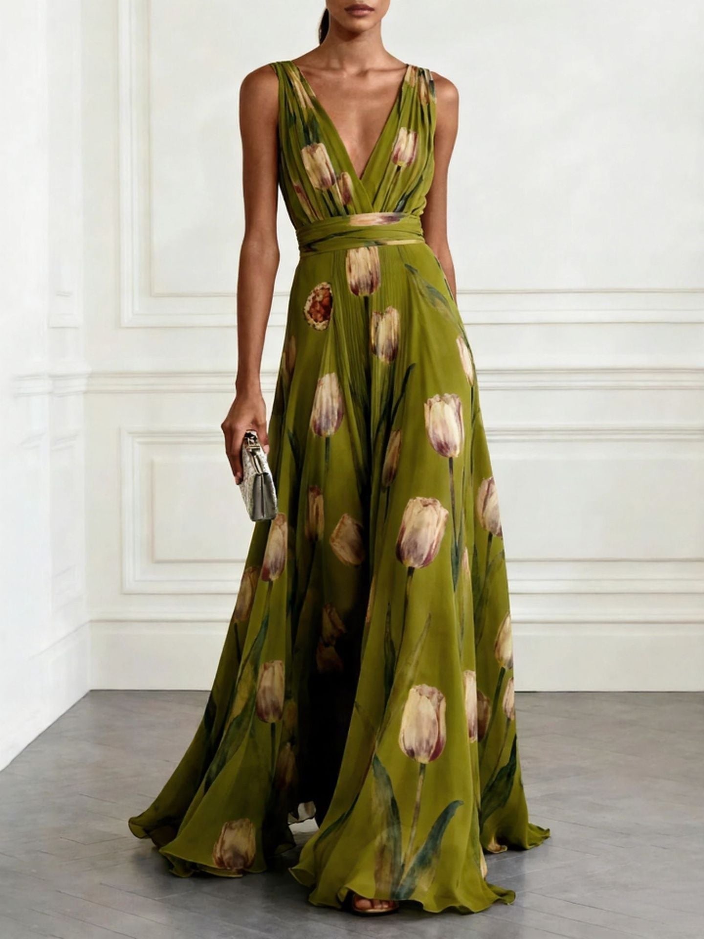 Tulip Print V-Neck Sleeveless Maxi Dress – Floral Chiffon - Courbe et Compagnie