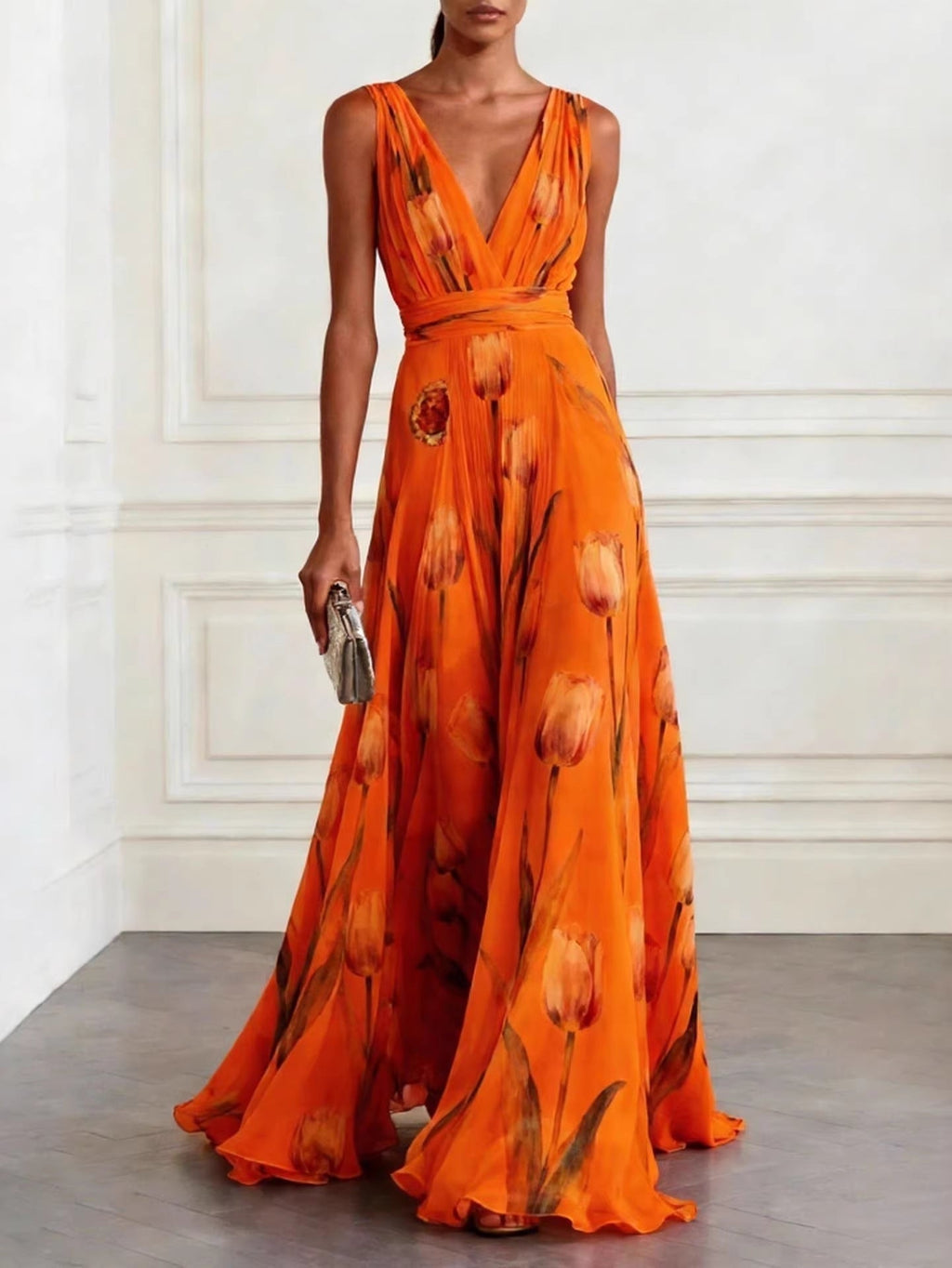 Tulip Print V-Neck Sleeveless Maxi Dress – Floral Chiffon - Courbe et Compagnie