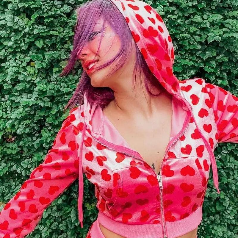 Unique Design Velvet Heart Print Cropped Top Bomber Jacket For Women Autumn Cute Pink Long Sleeve Coats Zipper Winter Overcoat - Courbe et Compagnie