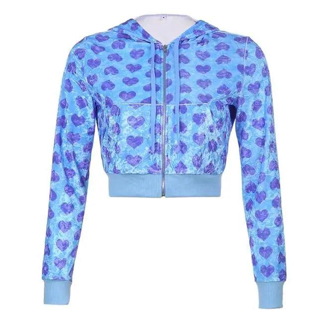 Unique Design Velvet Heart Print Cropped Top Bomber Jacket For Women Autumn Cute Pink Long Sleeve Coats Zipper Winter Overcoat - Courbe et Compagnie