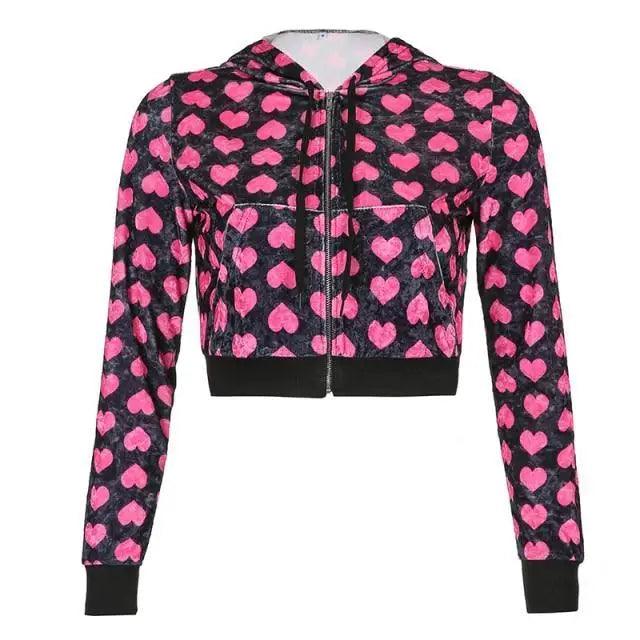 Unique Design Velvet Heart Print Cropped Top Bomber Jacket For Women Autumn Cute Pink Long Sleeve Coats Zipper Winter Overcoat - Courbe et Compagnie