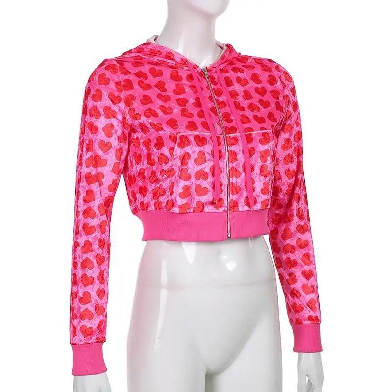 Unique Design Velvet Heart Print Cropped Top Bomber Jacket For Women Autumn Cute Pink Long Sleeve Coats Zipper Winter Overcoat - Courbe et Compagnie