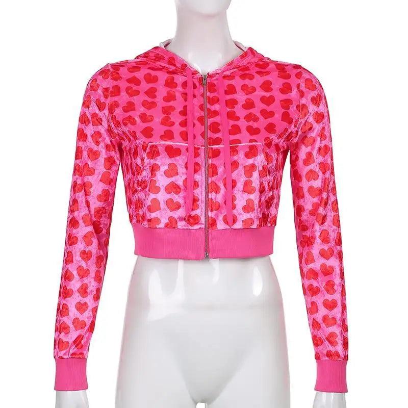 Unique Design Velvet Heart Print Cropped Top Bomber Jacket For Women Autumn Cute Pink Long Sleeve Coats Zipper Winter Overcoat - Courbe et Compagnie