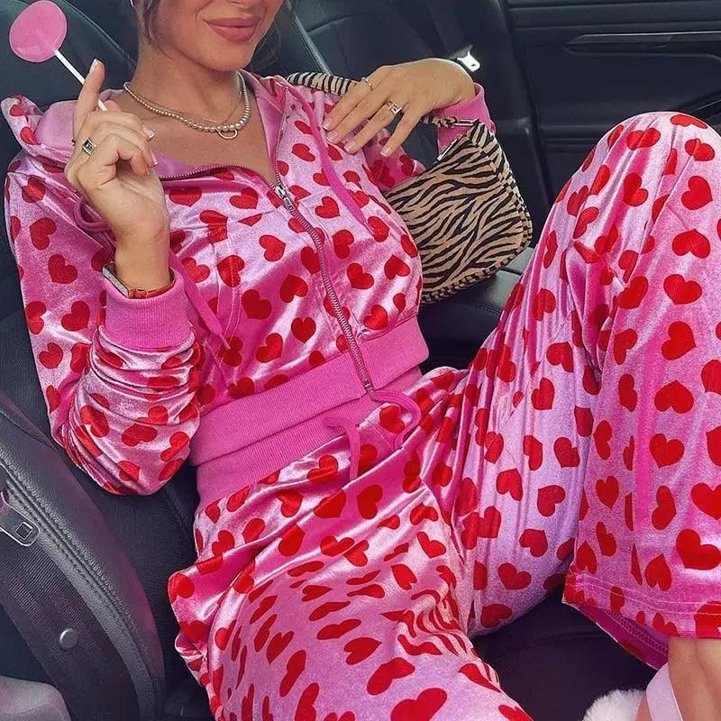 Unique Design Velvet Heart Print Cropped Top Bomber Jacket For Women Autumn Cute Pink Long Sleeve Coats Zipper Winter Overcoat - Courbe et Compagnie