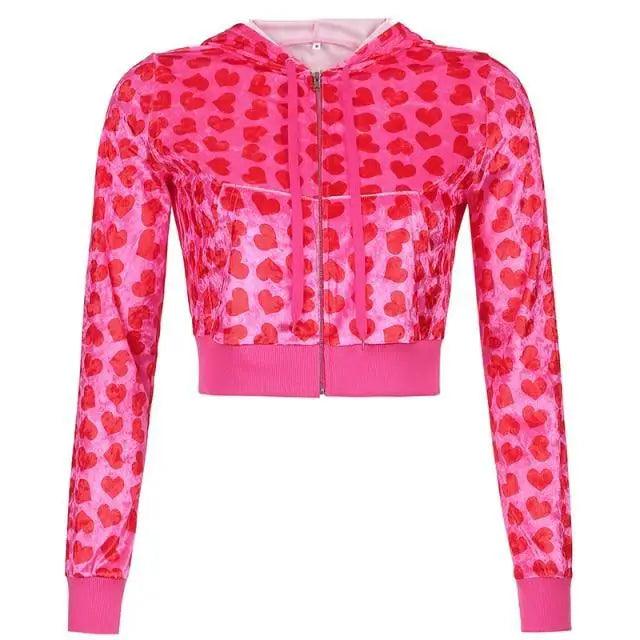 Unique Design Velvet Heart Print Cropped Top Bomber Jacket For Women Autumn Cute Pink Long Sleeve Coats Zipper Winter Overcoat - Courbe et Compagnie