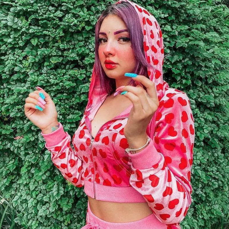 Unique Design Velvet Heart Print Cropped Top Bomber Jacket For Women Autumn Cute Pink Long Sleeve Coats Zipper Winter Overcoat - Courbe et Compagnie