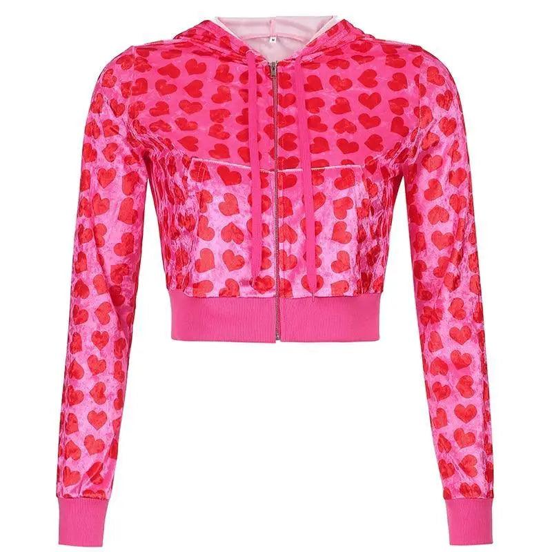 Unique Design Velvet Heart Print Cropped Top Bomber Jacket For Women Autumn Cute Pink Long Sleeve Coats Zipper Winter Overcoat - Courbe et Compagnie