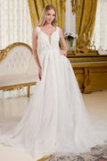 V neck embellished shoulder straps glittery underlayer low v back a line wedding gown GLGL3661 - Courbe et Compagnie