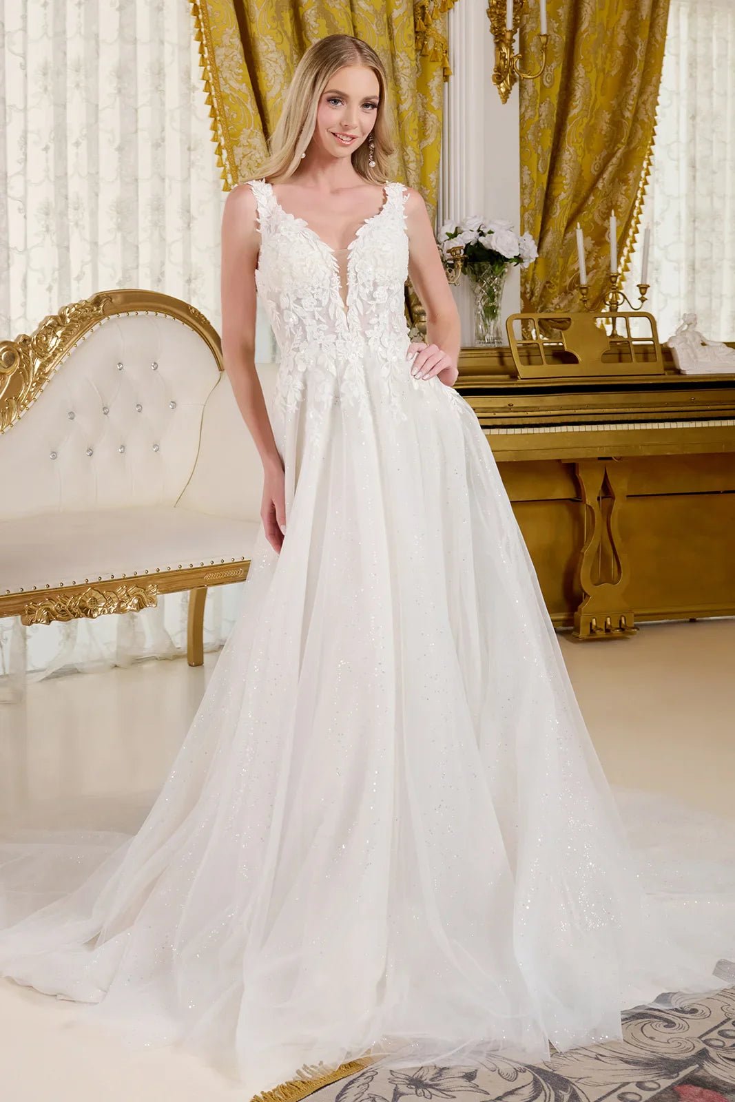 V neck embellished shoulder straps glittery underlayer low v back a line wedding gown GLGL3661 - Courbe et Compagnie