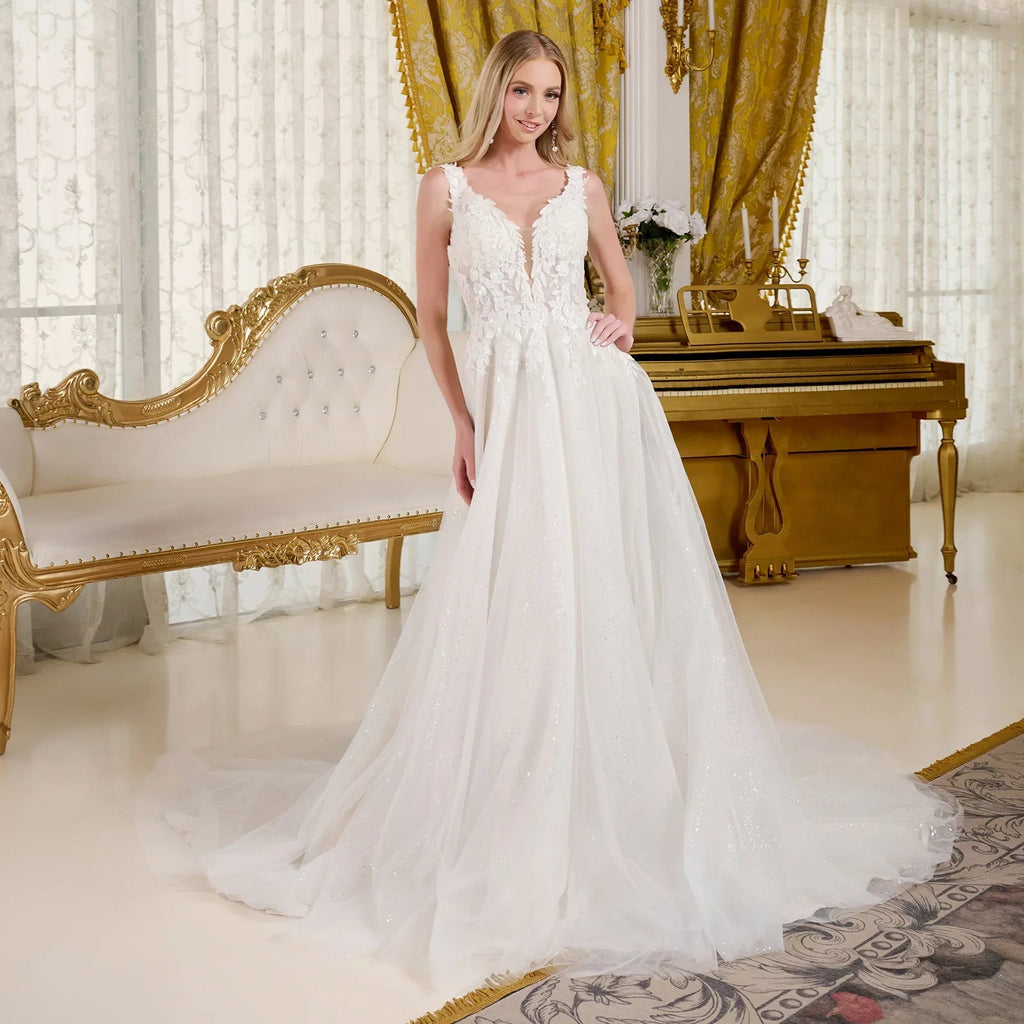 V neck embellished shoulder straps glittery underlayer low v back a line wedding gown GLGL3661 - Courbe et Compagnie