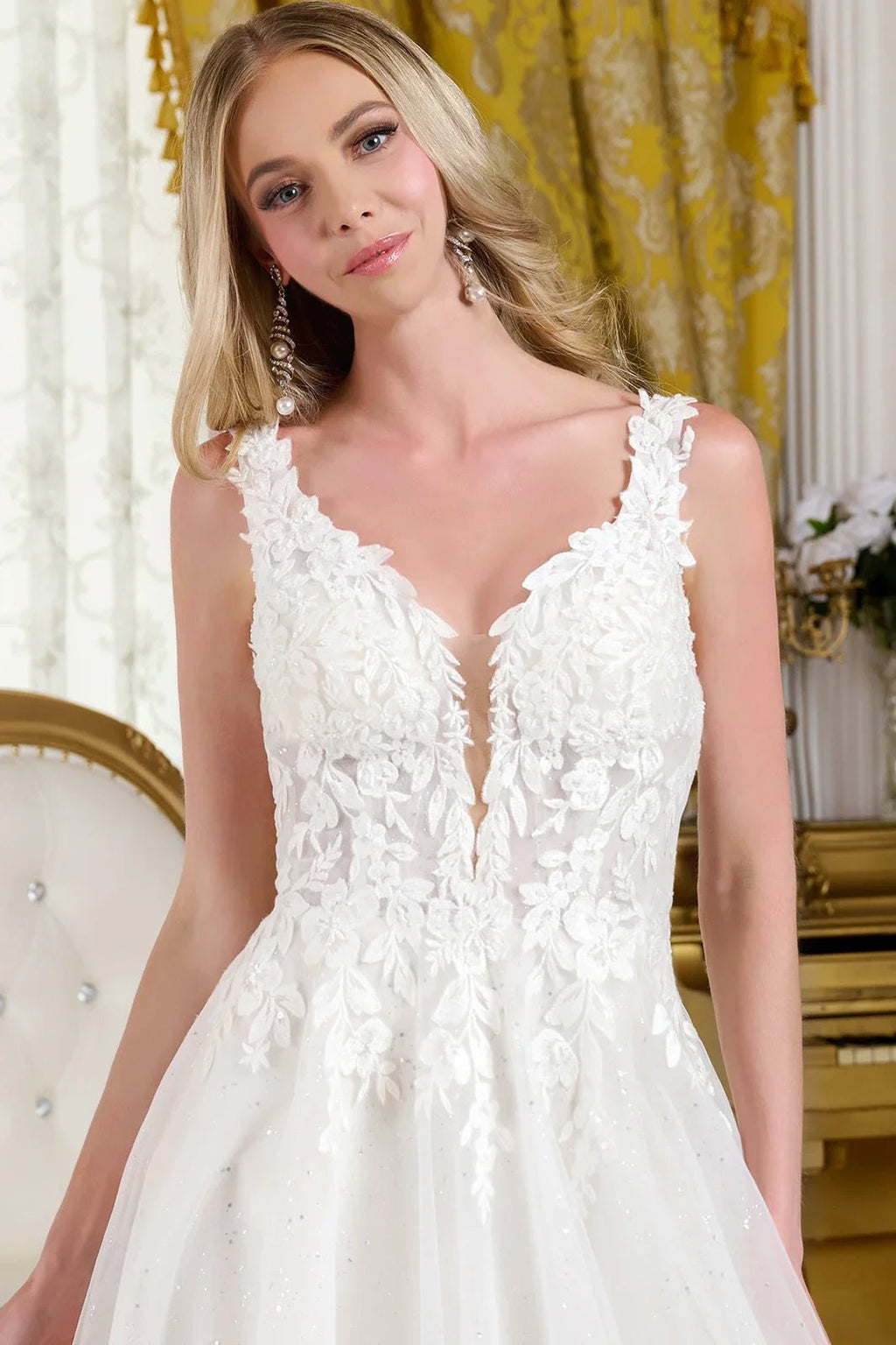 V neck embellished shoulder straps glittery underlayer low v back a line wedding gown GLGL3661 - Courbe et Compagnie
