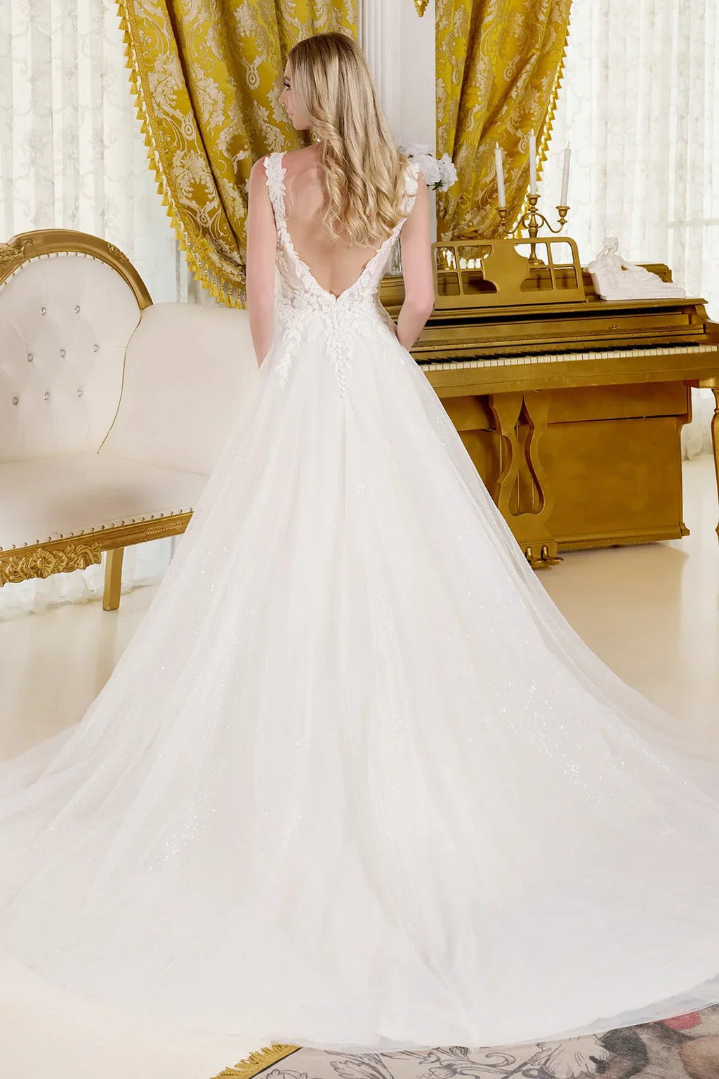 V neck embellished shoulder straps glittery underlayer low v back a line wedding gown GLGL3661 - Courbe et Compagnie