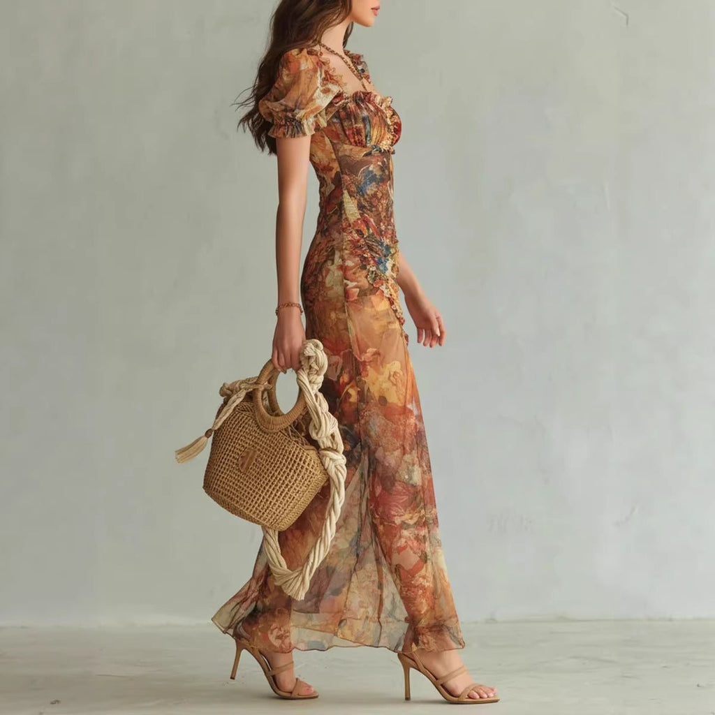 V-Neck Waist-Cinched Ruffle Hem Maxi Dress – Bodycon Long Dress in Orange - Courbe et Compagnie