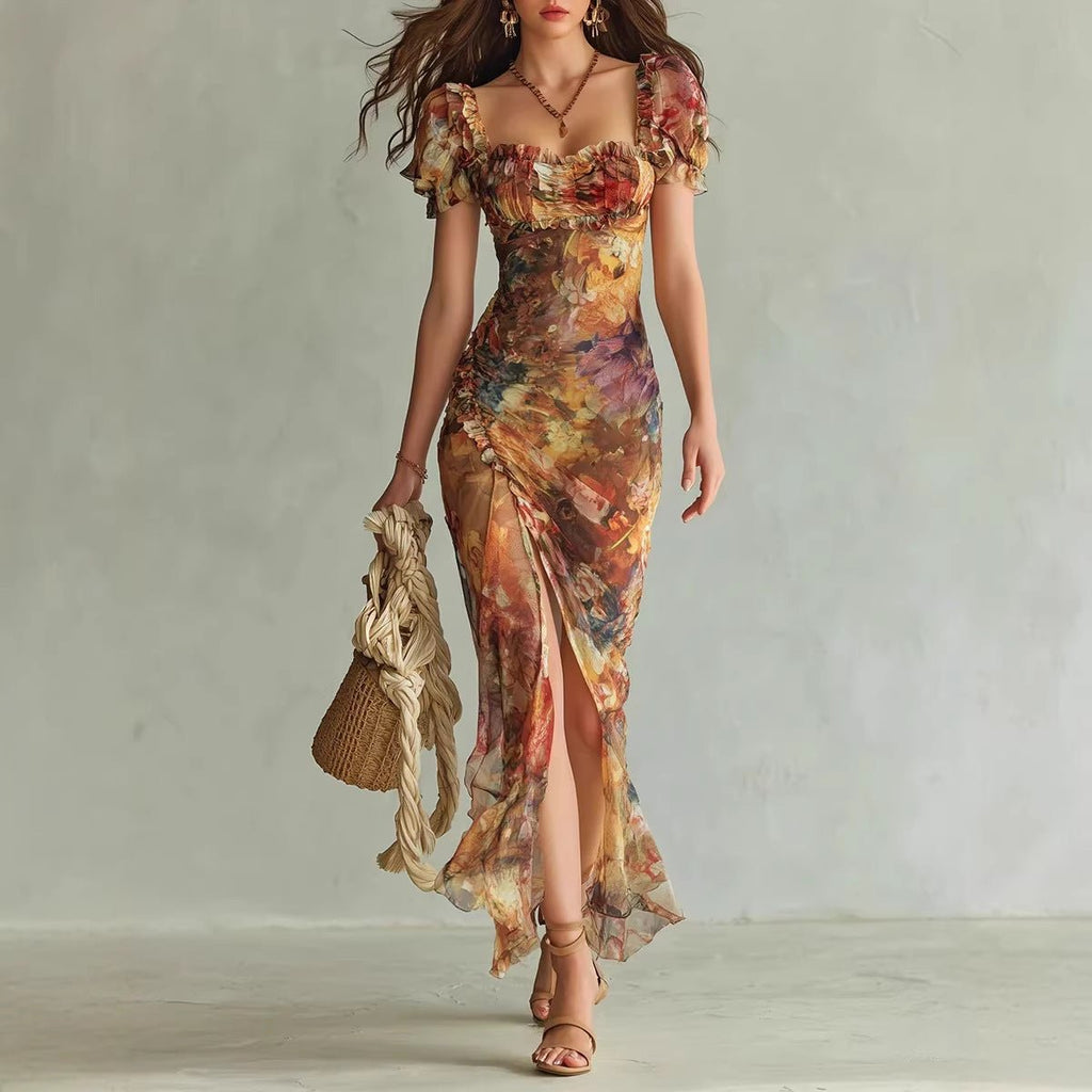 V-Neck Waist-Cinched Ruffle Hem Maxi Dress – Bodycon Long Dress in Orange - Courbe et Compagnie