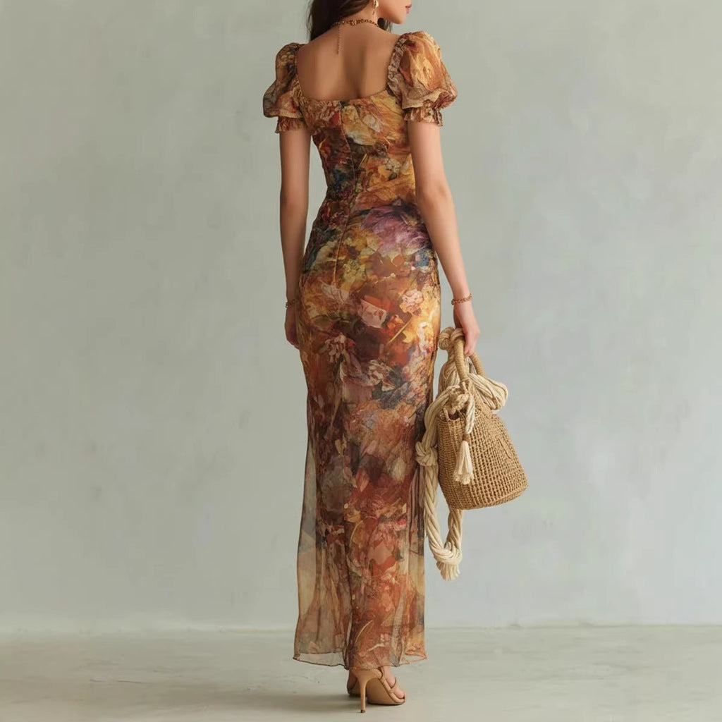 V-Neck Waist-Cinched Ruffle Hem Maxi Dress – Bodycon Long Dress in Orange - Courbe et Compagnie