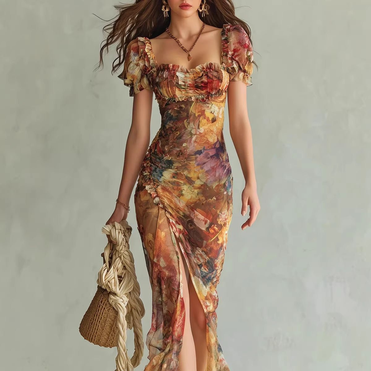 V-Neck Waist-Cinched Ruffle Hem Maxi Dress – Bodycon Long Dress in Orange - Courbe et Compagnie