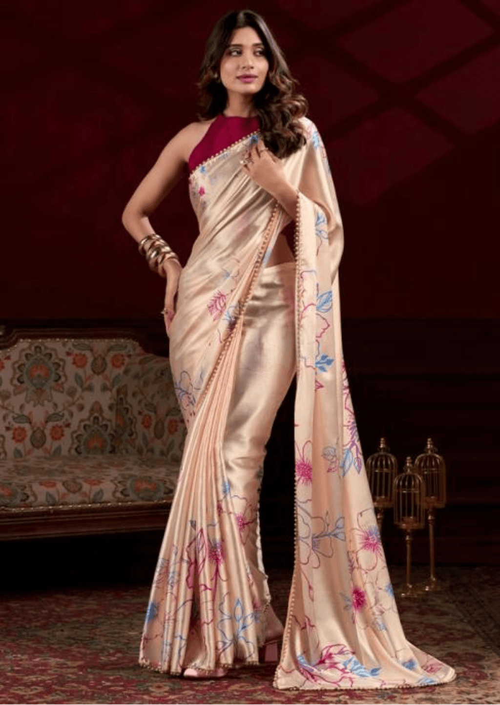 Vaanya Blush Satin Silk Saree - Courbe et Compagnie