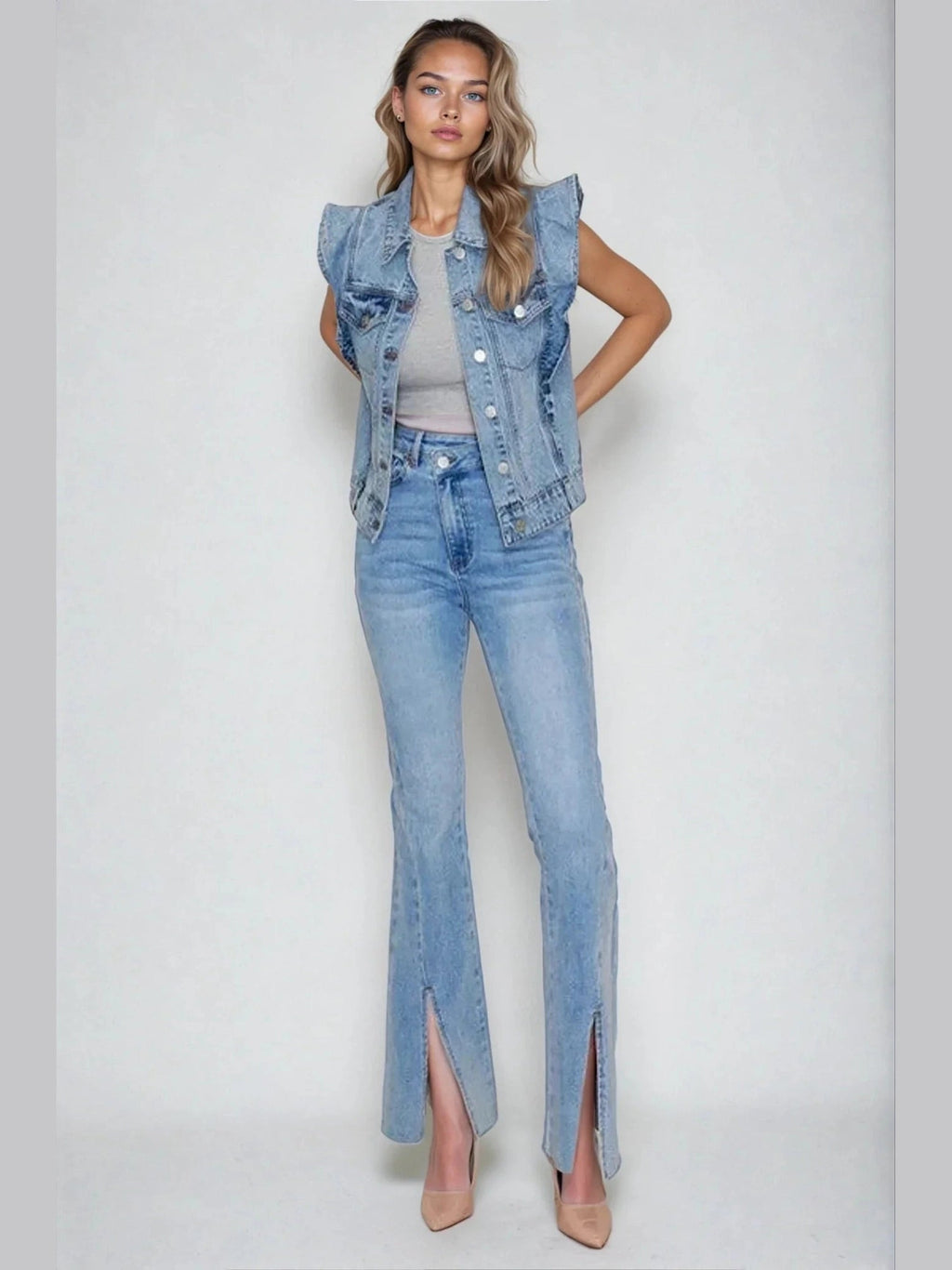 Victorian Charm Ruffle-Trim Denim Vest Jacket – Sleeveless Statement Layer- Light Denim - Courbe et Compagnie