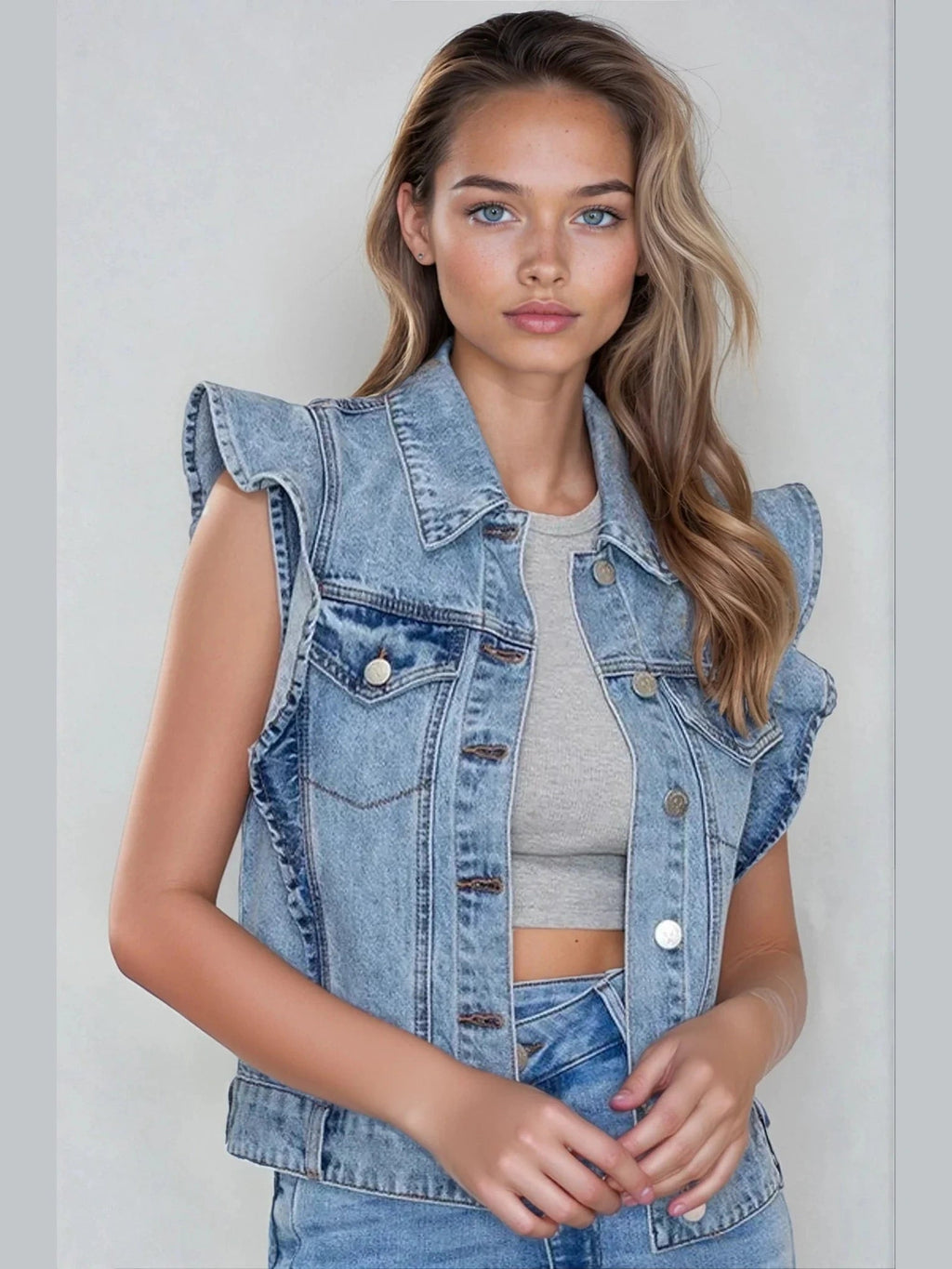 Victorian Charm Ruffle-Trim Denim Vest Jacket – Sleeveless Statement Layer- Light Denim - Courbe et Compagnie