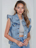 Victorian Charm Ruffle-Trim Denim Vest Jacket – Sleeveless Statement Layer- Light Denim - Courbe et Compagnie