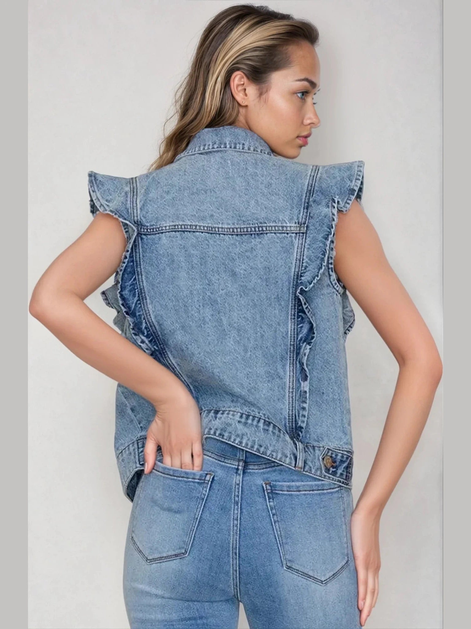 Victorian Charm Ruffle-Trim Denim Vest Jacket – Sleeveless Statement Layer- Light Denim - Courbe et Compagnie