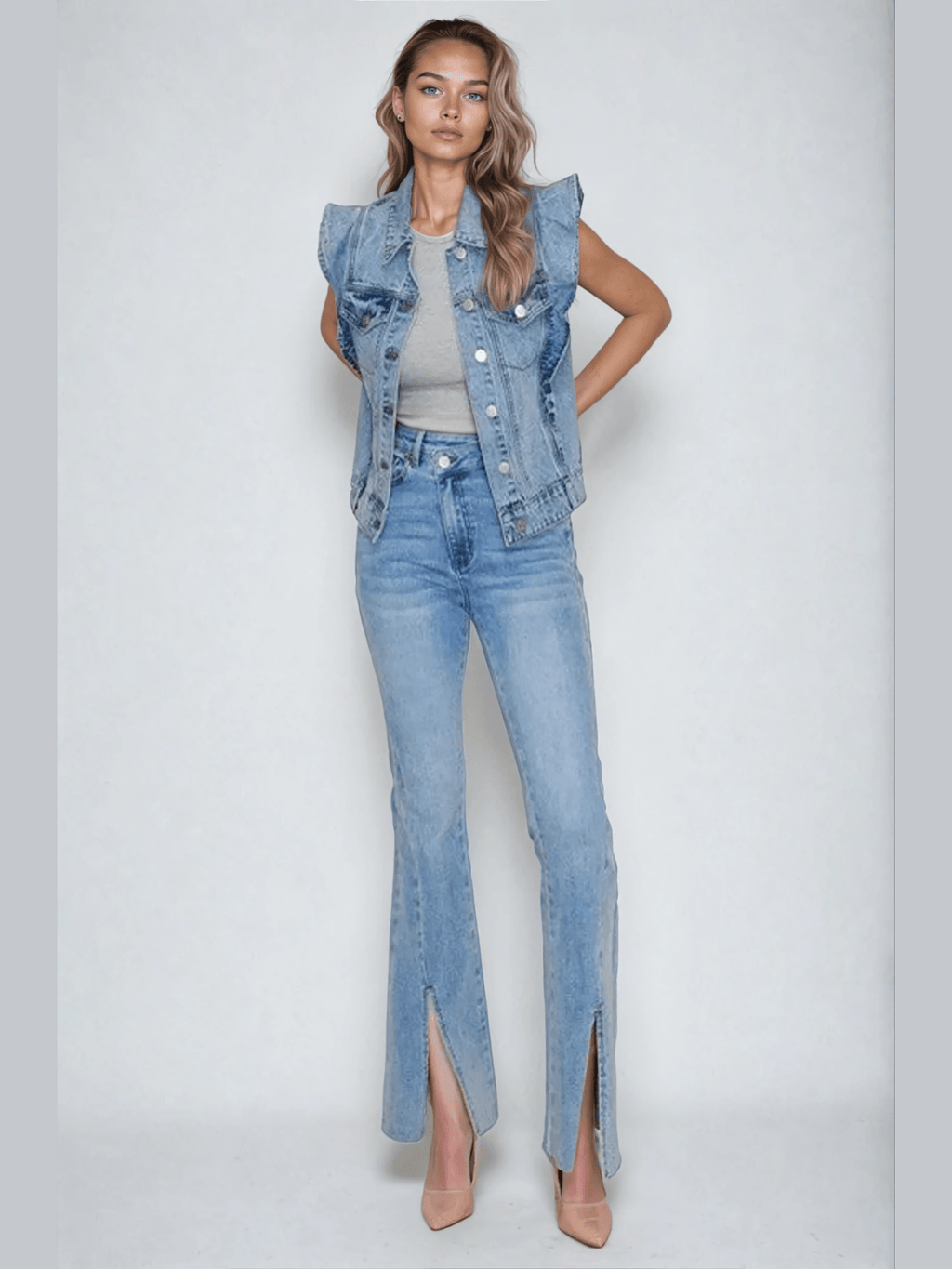 Victorian Charm Ruffle-Trim Denim Vest Jacket – Sleeveless Statement Layer- Light Denim - Courbe et Compagnie