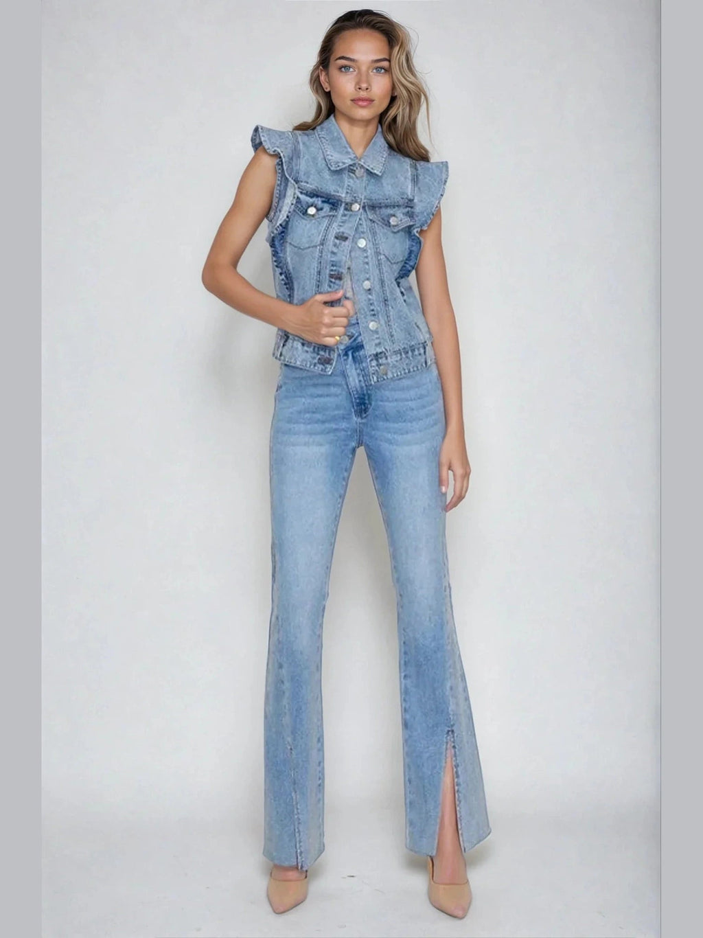 Victorian Charm Ruffle-Trim Denim Vest Jacket – Sleeveless Statement Layer- Light Denim - Courbe et Compagnie