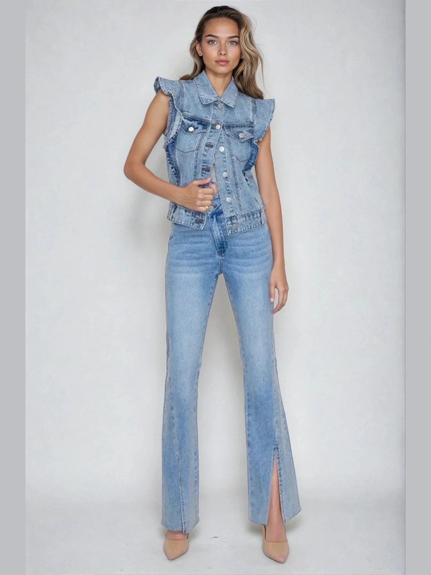 Victorian Charm Ruffle-Trim Denim Vest Jacket – Sleeveless Statement Layer- Light Denim - Courbe et Compagnie