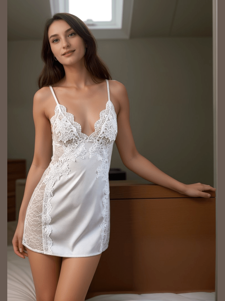 Victorian Style Lace Silky Lingerie Set - Elegant Night Dress & Robe in 3 Colors Next Day Shipping - Courbe et Compagnie