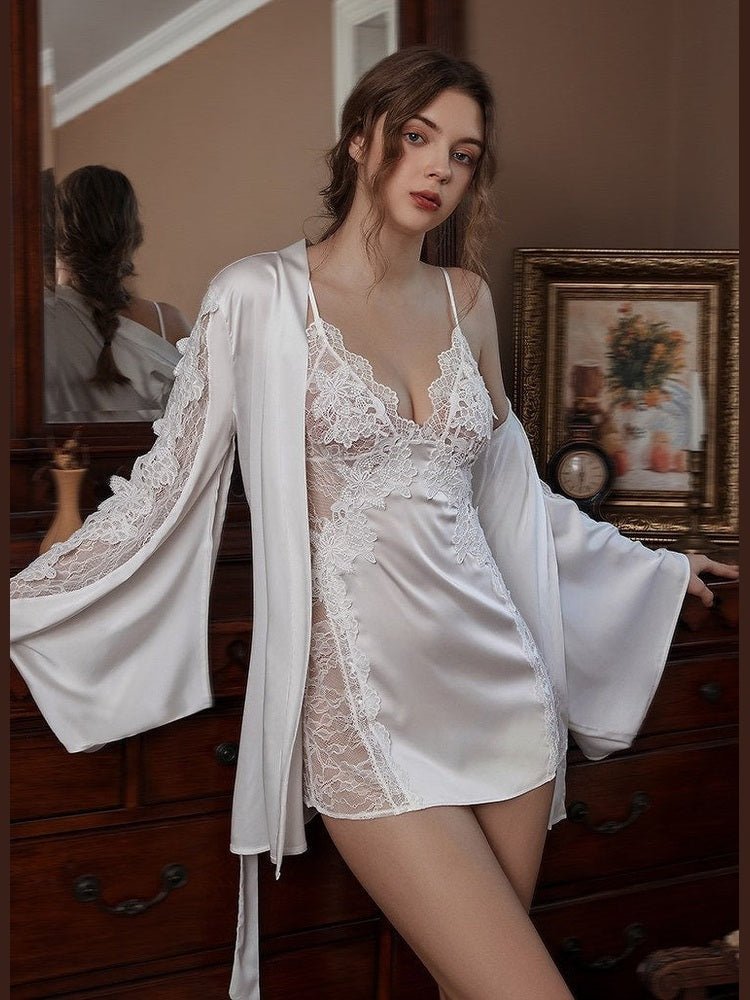 Victorian Style Lace Silky Lingerie Set - Elegant Night Dress & Robe in 3 Colors Next Day Shipping - Courbe et Compagnie
