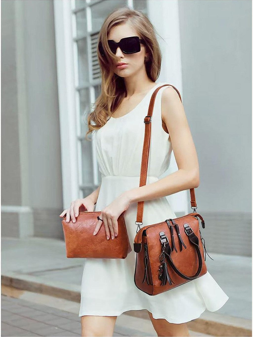 Vintage Leather 4-Piece Messenger Bag Set | Luxury Leather Tote, Clutch & Wallet Set - Courbe et Compagnie