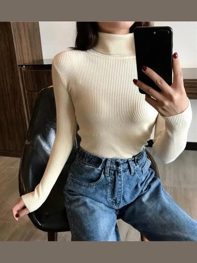 Vintage Style Autumn Winter Thick Sweater For Women Knitted Ribbed Pullover Sweater Long Sleeve Turtleneck Slim Jumper Soft Warm Pullover - Courbe et Compagnie