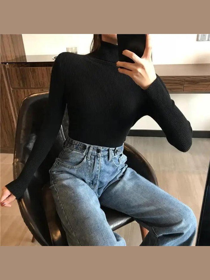 Vintage Style Autumn Winter Thick Sweater For Women Knitted Ribbed Pullover Sweater Long Sleeve Turtleneck Slim Jumper Soft Warm Pullover - Courbe et Compagnie