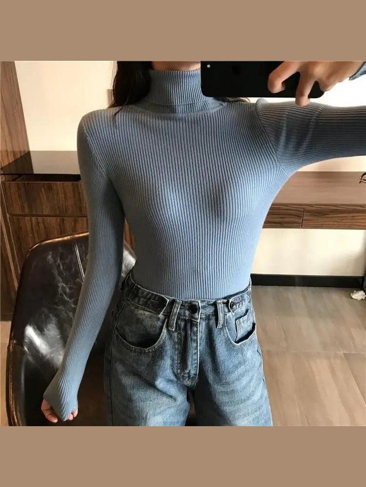 Vintage Style Autumn Winter Thick Sweater For Women Knitted Ribbed Pullover Sweater Long Sleeve Turtleneck Slim Jumper Soft Warm Pullover - Courbe et Compagnie