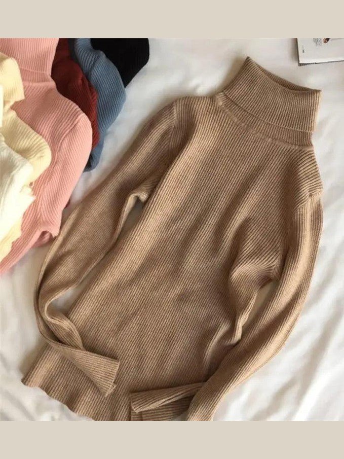 Vintage Style Autumn Winter Thick Sweater For Women Knitted Ribbed Pullover Sweater Long Sleeve Turtleneck Slim Jumper Soft Warm Pullover - Courbe et Compagnie