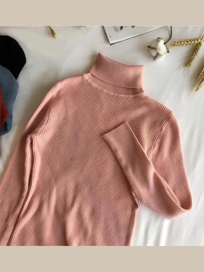 Vintage Style Autumn Winter Thick Sweater For Women Knitted Ribbed Pullover Sweater Long Sleeve Turtleneck Slim Jumper Soft Warm Pullover - Courbe et Compagnie