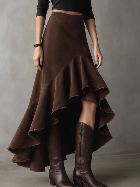 Western Brown High-Low Eco Suede Ruffle Maxi Skirt - Courbe et Compagnie