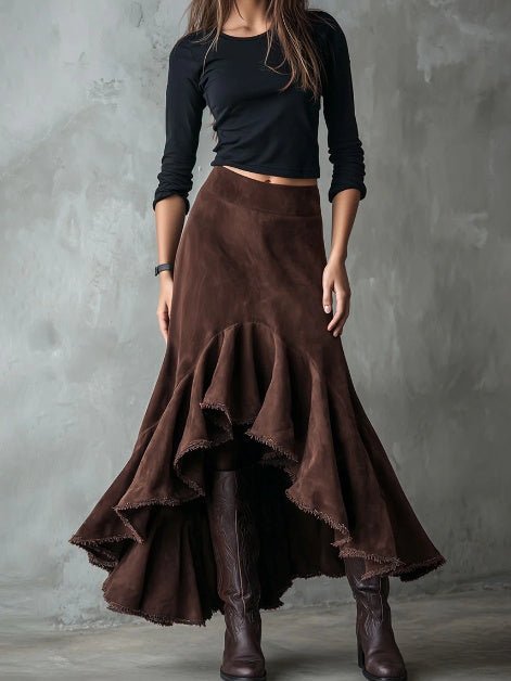 Western Brown High-Low Eco Suede Ruffle Maxi Skirt - Courbe et Compagnie