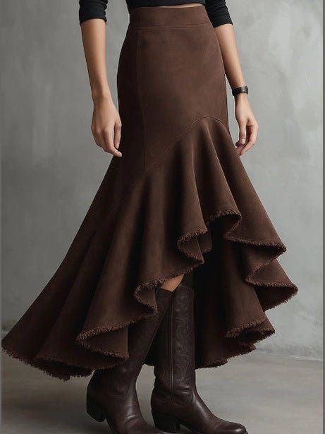Western Brown High-Low Eco Suede Ruffle Maxi Skirt - Courbe et Compagnie