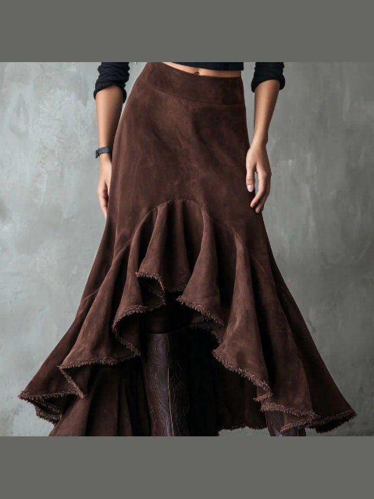 Western Brown High-Low Eco Suede Ruffle Maxi Skirt - Courbe et Compagnie