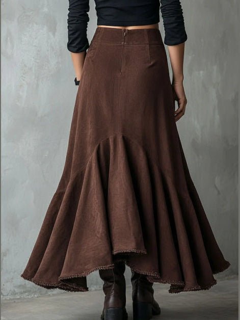Western Brown High-Low Eco Suede Ruffle Maxi Skirt - Courbe et Compagnie