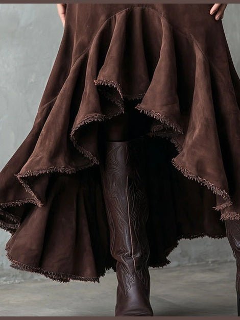 Western Brown High-Low Eco Suede Ruffle Maxi Skirt - Courbe et Compagnie