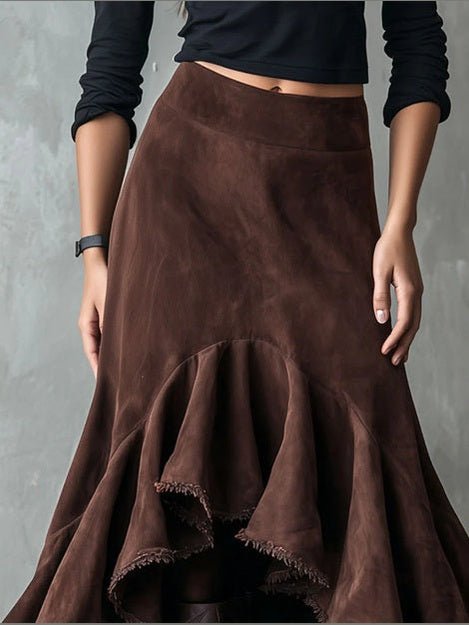 Western Brown High-Low Eco Suede Ruffle Maxi Skirt - Courbe et Compagnie
