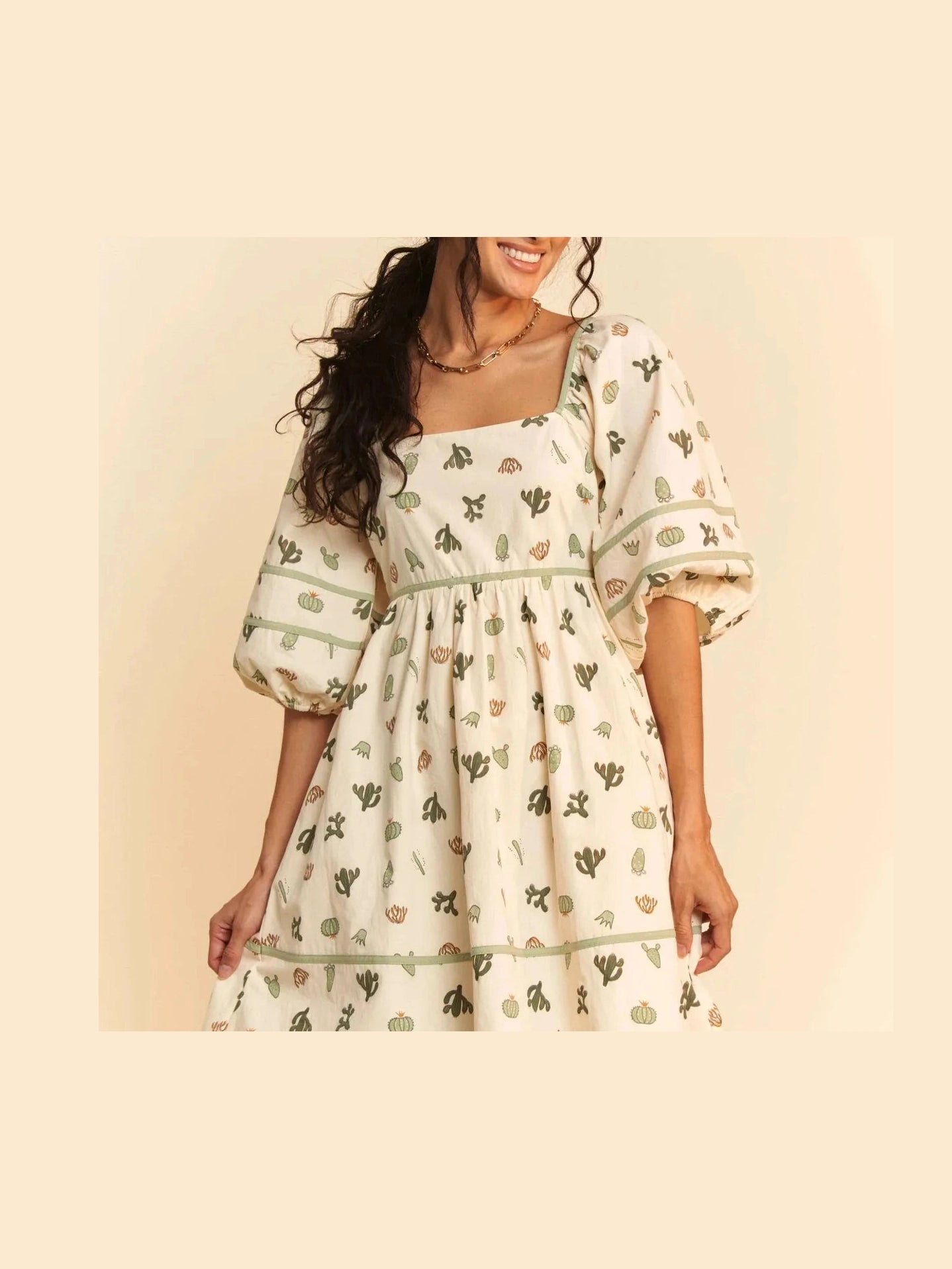 Whimsical Cactus Print Mini Dress with Contrast Piping - Courbe et Compagnie