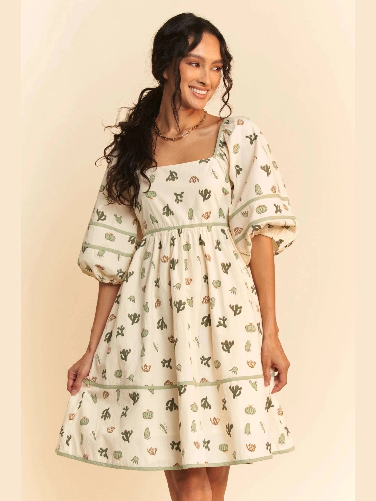 Whimsical Cactus Print Mini Dress with Contrast Piping - Courbe et Compagnie