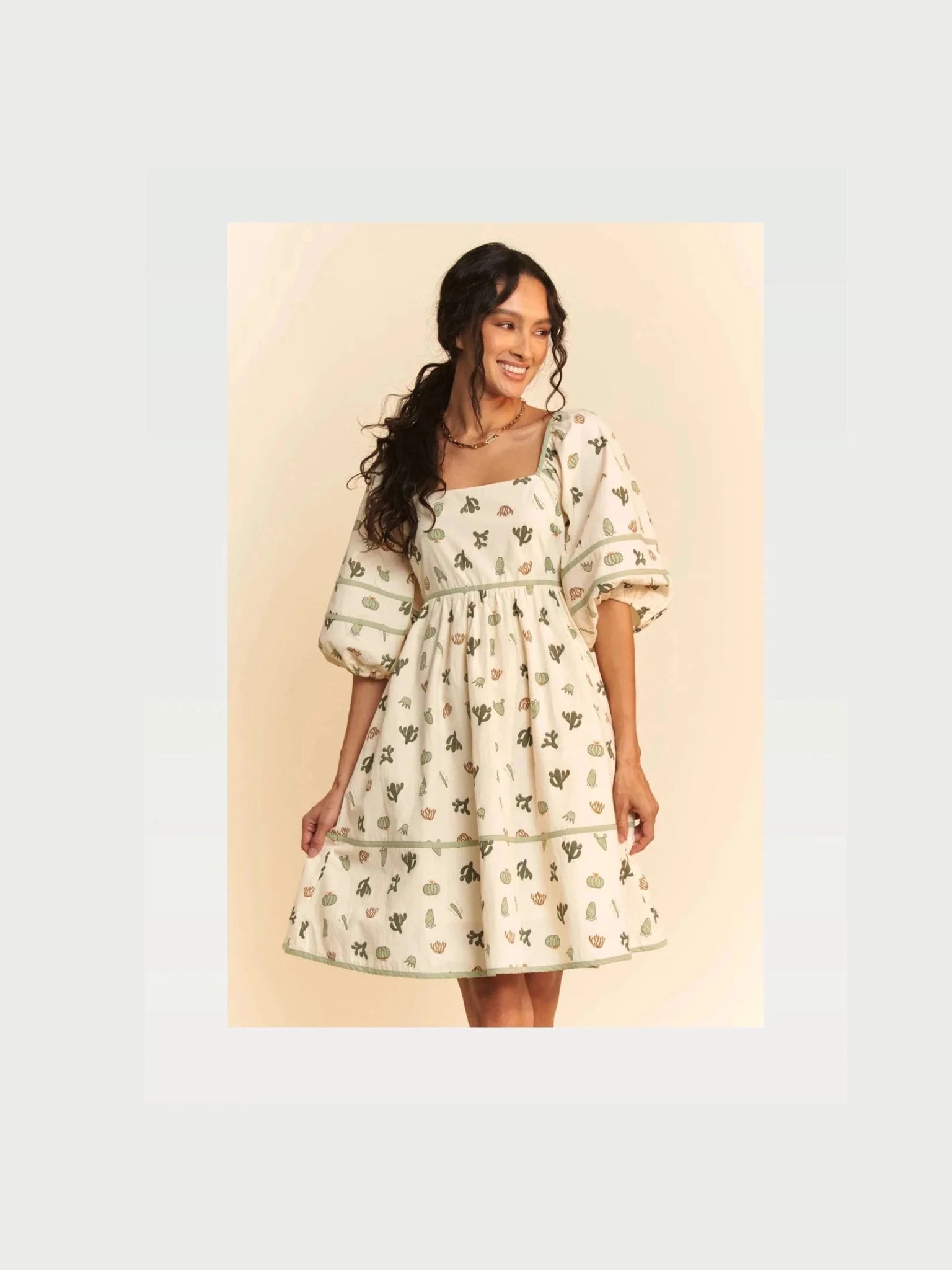 Whimsical Cactus Print Mini Dress with Contrast Piping - Courbe et Compagnie