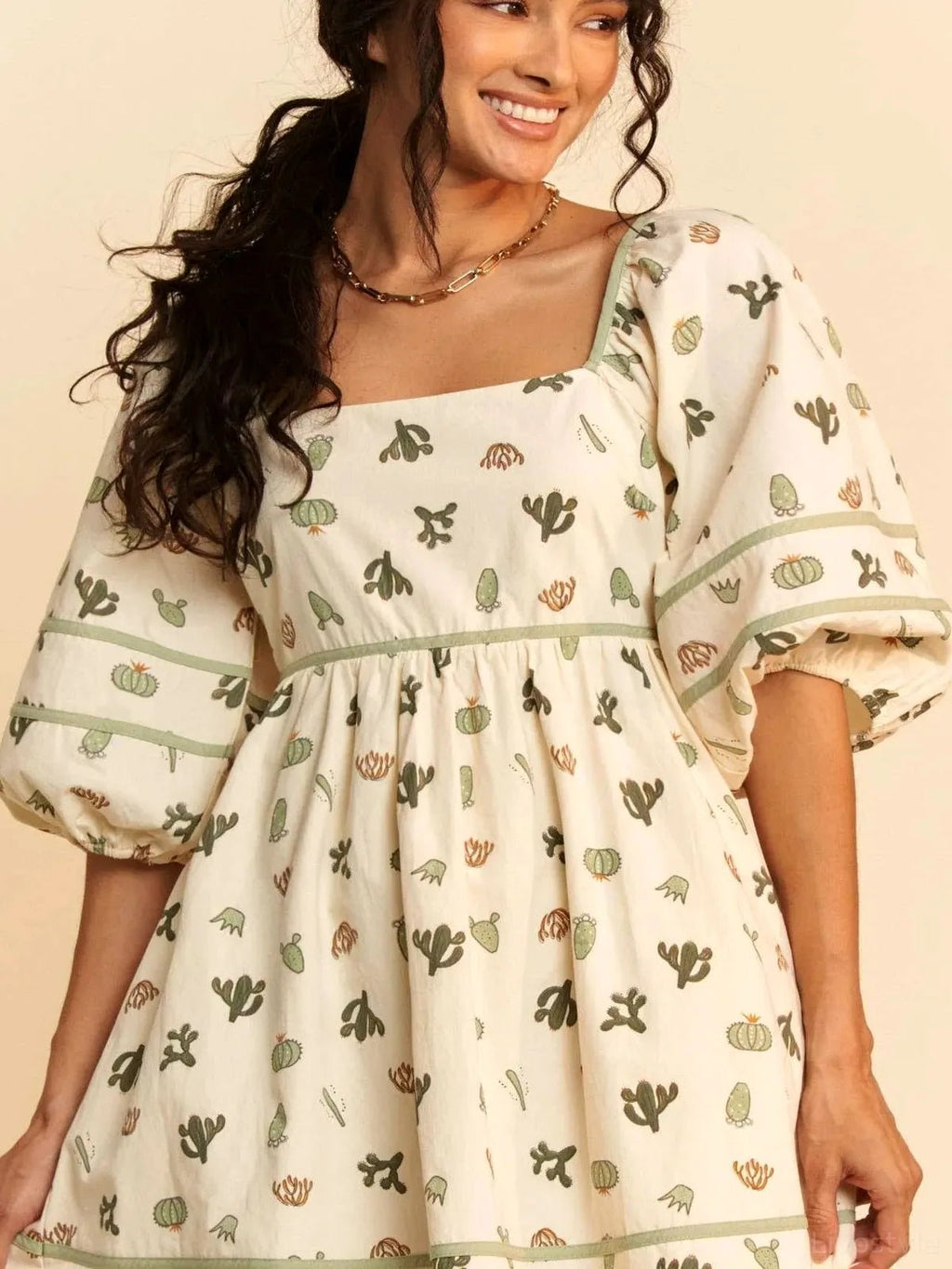 Whimsical Cactus Print Mini Dress with Contrast Piping - Courbe et Compagnie
