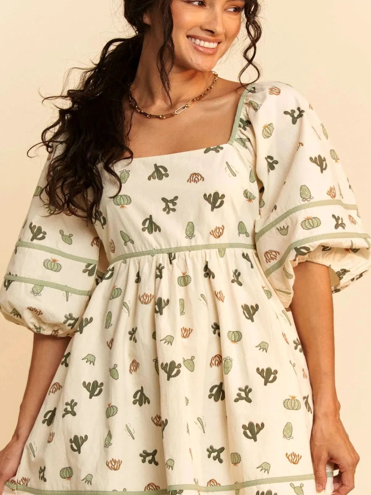 Whimsical Cactus Print Mini Dress with Contrast Piping - Courbe et Compagnie