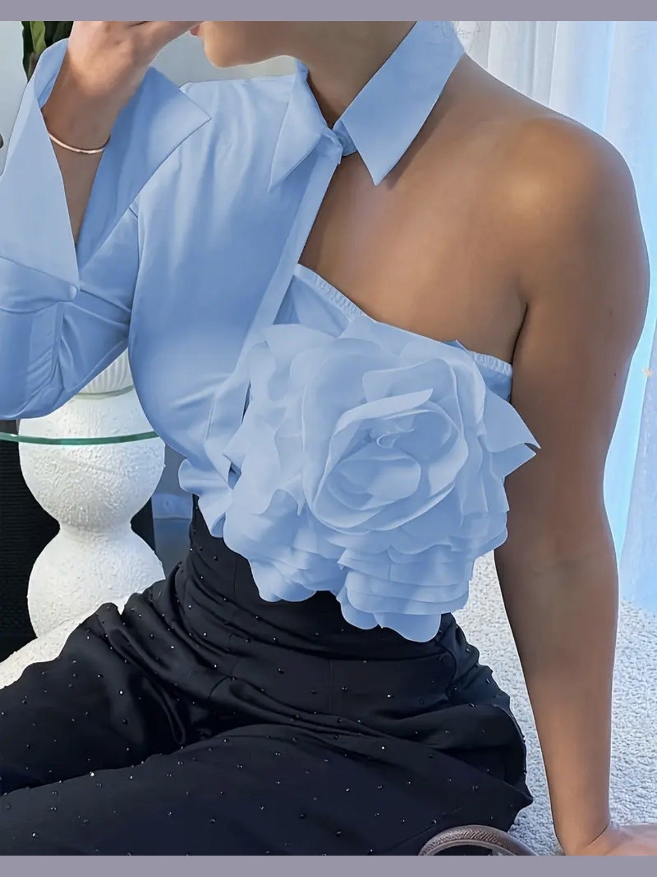White Blouse With A One-shoulder TOP See size chart under “more details” - Courbe et Compagnie